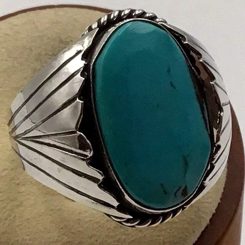 Mens Large Turquoise Ring Vintage Sterling Silver Size 10.25